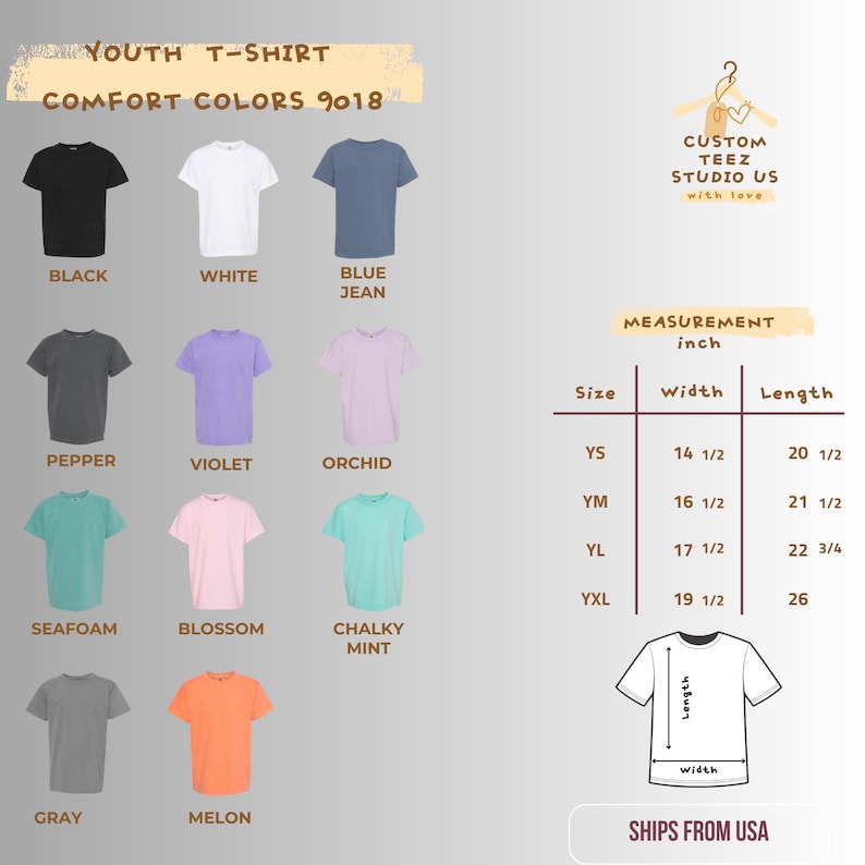 Puede incluir: Imagen de camisetas juveniles en varios colores, incluyendo negro, blanco, azul vaquero, pimienta, violeta, orqu&iacute;dea, espuma de mar, flor, menta tiza, gris y mel&oacute;n. Tambi&eacute;n se muestra una tabla de medidas en pulgadas.