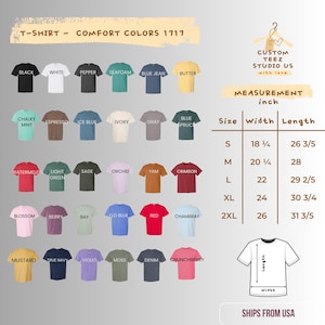 Puede incluir: Una carta de colores de camisetas Comfort Colors 1717 en varios tonos, incluyendo negro, blanco y azul vaquero. La imagen incluye una tabla de tallas con medidas en pulgadas, que van de la S a la 2XL, y un gr&aacute;fico que muestra el ancho y el largo.