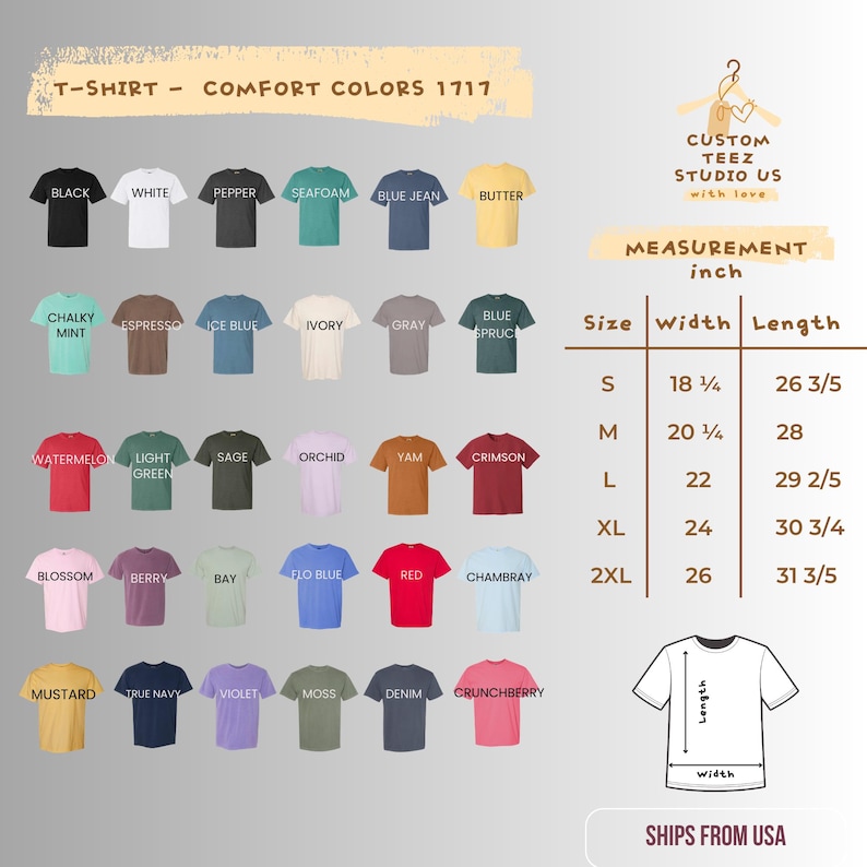 Puede incluir: Una carta de colores de camisetas Comfort Colors 1717 en varios tonos, incluyendo negro, blanco y azul vaquero. La imagen incluye una tabla de tallas con medidas en pulgadas, que van de la S a la 2XL, y un gr&aacute;fico que muestra el ancho y el largo.