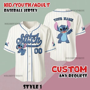 May include: White baseball jersey with blue pinstripes, featuring a cartoon Stitch graphic. The front displays "Stitch" and the number "00". The back has a Stitch graphic and space for a custom name. Text at the top reads "KID/YOUTH/ADULT BASEBALL JERSEY".