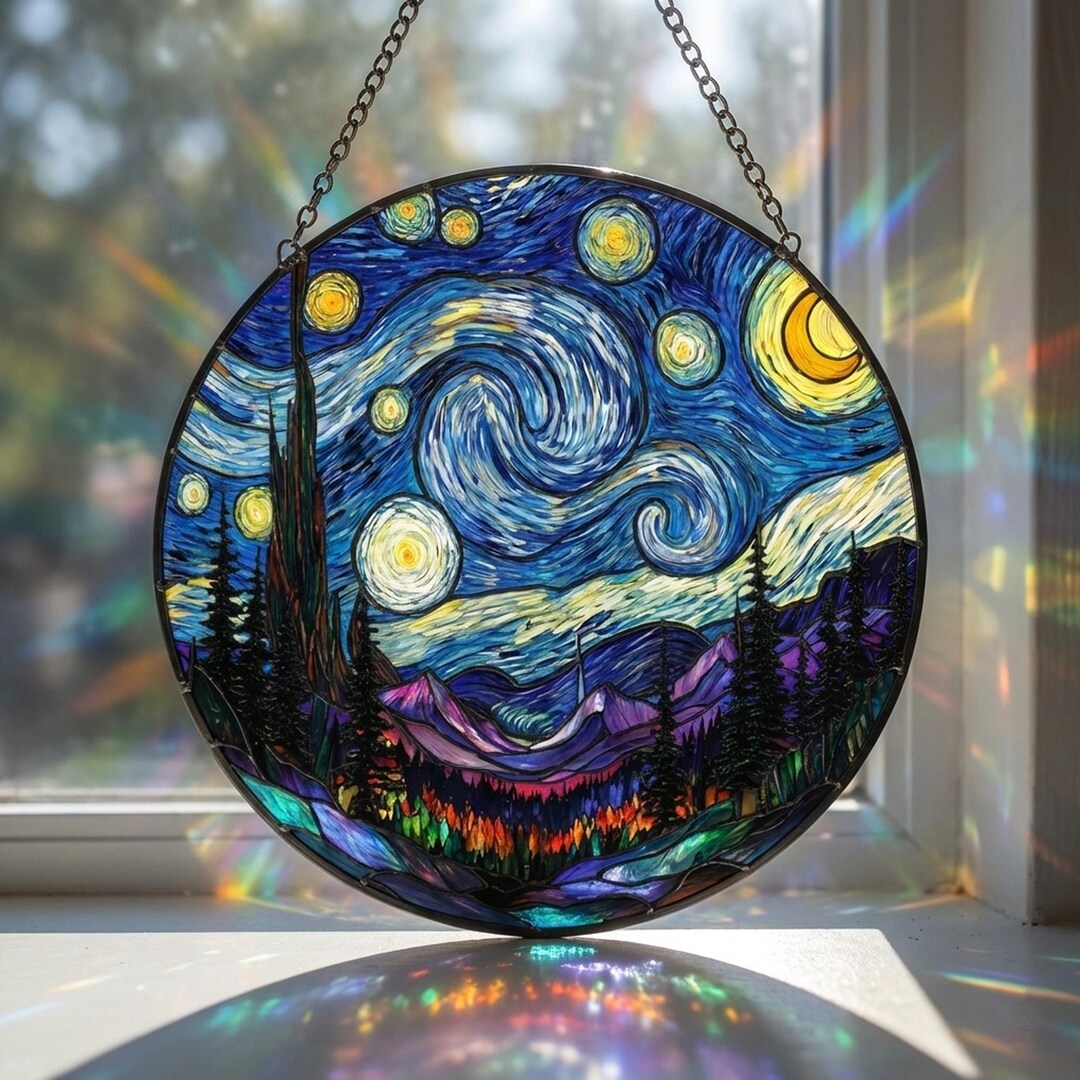 Starry Night Van Gogh Glass Suncatcher Hanging Cosmic Window Decor ...