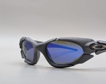 Vintage Oakley Plate zonnebril – grijs montuur / blauwe lenzen, Y2K-stijl