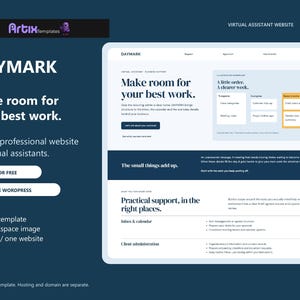 May include: A digital website template titled DAYMARK for virtual assistants, featuring a clean layout with sections for workflow management, practical support, inbox, calendar, and client administration, presented on a dark blue background.
