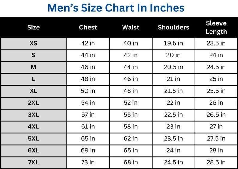 Peut inclure: Tableau des tailles pour hommes en pouces. Il indique les mesures de la poitrine, de la taille, des &eacute;paules et des manches. Les tailles vont de XS &agrave; 7XL, avec des mesures en pouces (1 pouce = 2,54 cm).