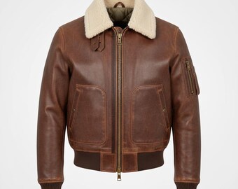 Chaqueta de aviador para hombre, hecha a mano, de piel de oveja auténtica con cuello de piel de oveja, chaqueta bomber