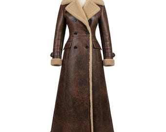 Abrigo largo de piel de oveja auténtica para mujer, hecho a mano, de piel sintética.