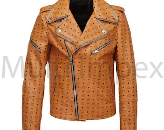 Chaqueta MCM para hombre, hecha a mano, de piel de vaca auténtica, estilo motero