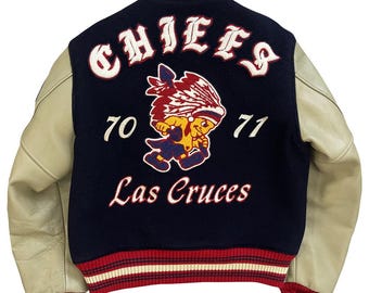 Chaqueta universitaria para hombre, estilo bomber, hecha a mano, con bordado de chenilla.