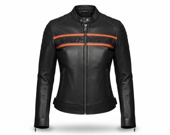 Chaqueta H-D Victory Lane para mujer, hecha a mano, de piel de vaca auténtica, estilo motero