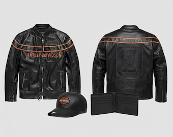Chaqueta de motociclista para hombre con gorra y billetera, hecha a mano en piel de vaca auténtica.