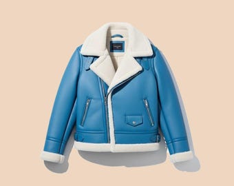 Chaqueta de aviador B3 para hombre, hecha a mano, de piel de oveja auténtica azul cielo.