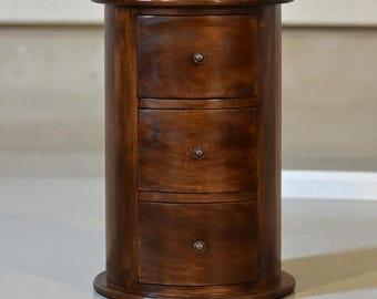 Round Solid Wood Drum Nightstand with Three Drawers - Bedside Table