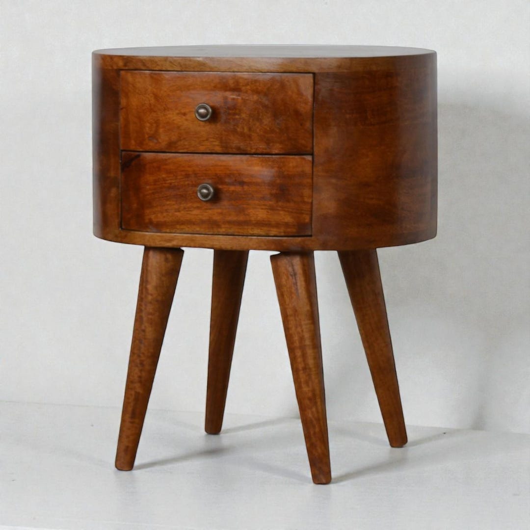 Chestnut Rounded Nightstand Table – Solid Mango Wood Bedside Table With ...