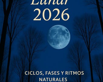 Può includere: Una copertina di libro con uno sfondo blu scuro con una luna piena e alberi in silhouette. Il titolo "Calendario Lunar 2026" è visualizzato in un carattere stilizzato. Il testo aggiuntivo include "Ciclos, Fases y Ritmos Naturales" e "Un Año con la Luna."