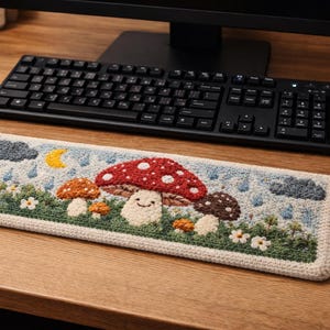 Op de afbeelding: Een rechthoekige, crèmekleurige muismat met een grillig paddestoelontwerp. Het ontwerp toont een grote rood-witte paddestoel met een lachend gezicht, omringd door kleinere paddenstoelen, wolken, regen en een maan. De muismat ligt op een houten bureau.