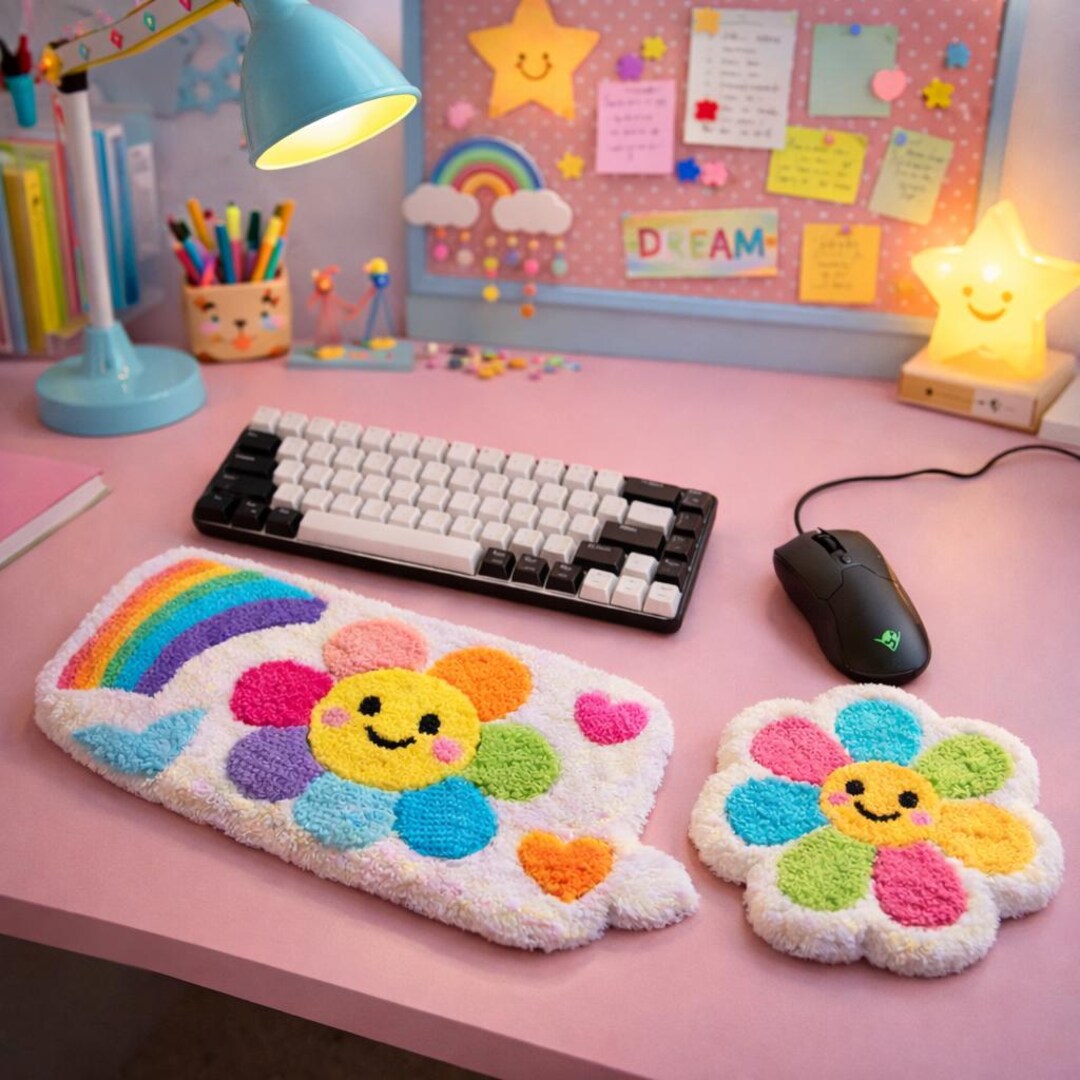 Funky Color Desk Vibrant Punch Needle Desk Set | Funky Dopamine Decor Keyboard & Mouse ...
