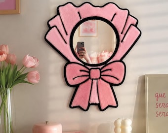 Ribbon Wrapped Punch Needle Mirror, Hand Stitched Textile Vanity Decor, Soft Texture Fiber Art Wall Accent