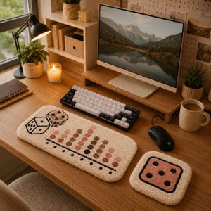 Peut inclure: Un bureau beige avec un écran d'ordinateur, un clavier, une souris, un tapis et un dessous de verre sur le thème des dés. Le tapis présente un dé et un motif de jeu avec des cercles marron et roses. Une bougie allumée et une tasse sont également sur le bureau.