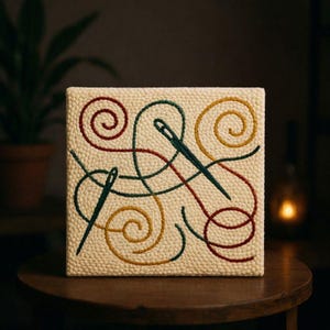 May include: Square, cream-coloured textile art piece with embroidered design. Features a needle and thread in green, red, and yellow, creating a swirling pattern. The piece is displayed on a wooden surface.