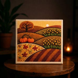 Könnte beinhalten: Ein quadratisches, strukturiertes Kunstwerk zeigt eine Herbstlandschaft. Zwei orangefarbene Kürbisse sitzen im Vordergrund, mit sanften Hügeln, einem Baum und einer Sonne im Hintergrund. Die Farbpalette umfasst Orangetöne, Braun und Gelb.