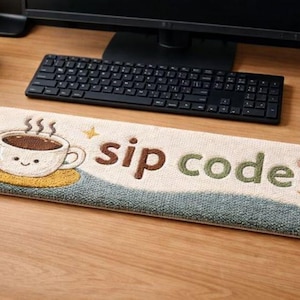 Peut inclure: Tapis de bureau rectangulaire avec une illustration de tasse à café et les mots "sip code" brodés en marron et vert. Le tapis a un fond beige clair avec une bordure bleue et verte, une étoile jaune et un cœur rose.