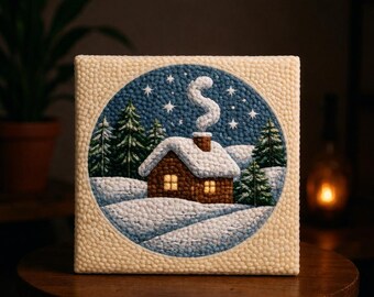 Arte tessile di Serene Winter Hills – Accogliente scena di finestra con ricamo a punch needle, decorazione paesaggistica fatta a mano