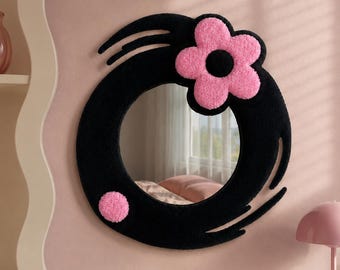Zen Brush Stroke Punch Needle Mirror, Hand-Tufted Textile Wall Decor, Organic Soft Texture Accent