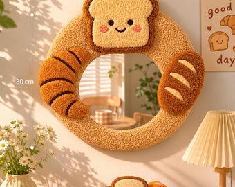 Bakery Themed Punch Needle Spiegel, Handgemachte Laib Ästhetische Wandkunst, Weicher Textil Kosmetikspiegel