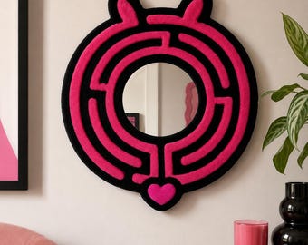 Sacred Labyrinth Punch Needle Mirror, Hand-Stitched Textile Wall Art Decor