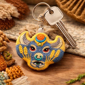 May include: A handmade, blue, yellow, and orange crochet keychain featuring a stylized face design with a key attached. The keychain has a silver ring and a white cord. The face has red eyes, a nose ring, and an eye design.