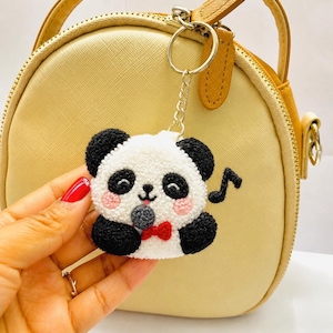 Singing Panda Punch Needle Keychain, Music Note Yarn Bag Charm, Soft Looped Embroidery Keyring, Cute Animal Accessory