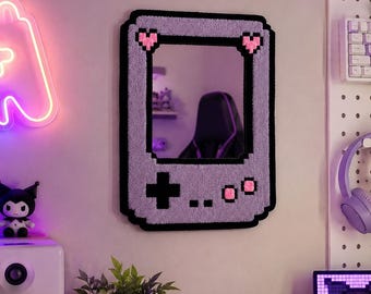 Pixel Art Gamerspegel, handgjord väggdekor med nålmotiv för spelrum, 8-bitars retro estetisk sminkspegel