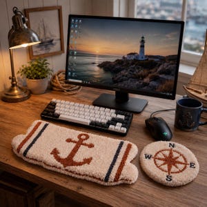 May include: A nautical-themed desk setup featuring a computer monitor, keyboard, mouse, and a plush anchor-shaped wrist rest. A matching compass coaster and a mug with an anchor design are also present. The desk is made of wood and has a warm, inviting feel.