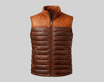 Handmade Bridger Leather Down Vest Men Real Lambskin Quilted Puffer Vest Two Tone Brown Tan Winter Warm Sleeveless Jacket Gift for Him