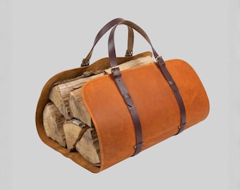 Personalized Leather Firewood Carrier, Cognac Brown Full Grain Log Tote, Fireplace Wood Holder, Rustic Cabin Storage Bag, Gift for Him