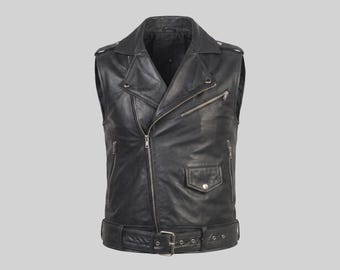 Men's Black Leather Biker Vest, Asymmetrical Zip Moto Vest, Belted Motorcycle Waistcoat, Sleeveless Jacket, Punk Rock Rider Vest Rider Style