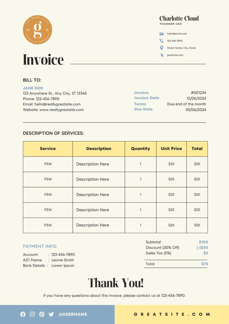 Editable Invoice Template for Small Businesses & Creatives | Modern ...