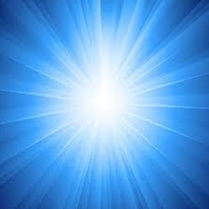 May include: Abstract digital art featuring a bright white light emanating from the center, surrounded by radiating blue beams. The background transitions from a deep blue at the edges to white at the core, creating a sense of energy.