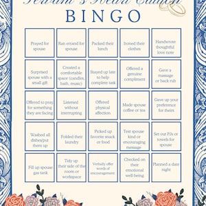 May include: A decorative Bingo card titled "Servant's Heart Edition" with a floral border. The card features various acts of service, such as "Packed their lunch" and "Planned a date night."