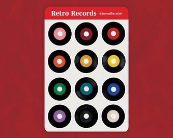 May include: A sticker sheet featuring twelve black vinyl record illustrations with colorful center labels in pink, maroon, red, orange, yellow, gold, green, teal, blue, purple, black, and white. The top red header displays the text Retro Records @journalbyrachel.