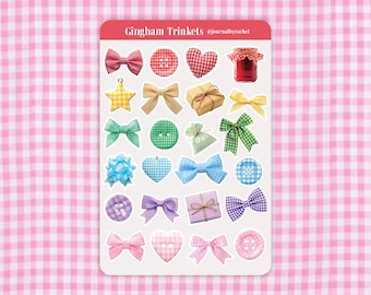 Gingham Trinkets Sticker Sheet, Bows, Buttons, Hearts, Cottagecore Journal Stickers
