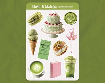 Blush & Matcha Sticker Sheet, Café Desserts Journal Supplies