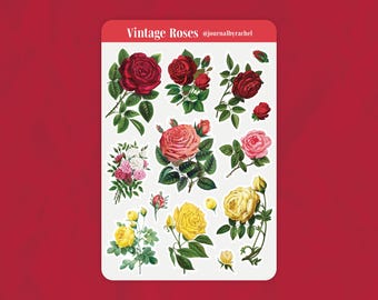 May include: A sticker sheet featuring vintage rose illustrations in various colors, including red, pink, and yellow. The sheet has a red header with the text "Vintage Roses" and the Instagram handle "@journalbyrachel".