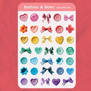May include: A sheet of stickers featuring various colorful buttons and bows. The stickers include heart-shaped and round buttons, bows in different styles, and flower-shaped designs. The color palette includes pink, yellow, blue, green, and purple.