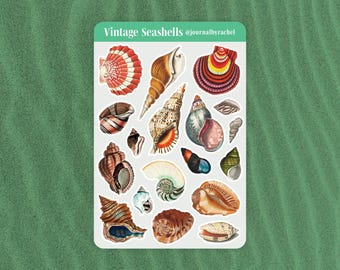 May include: A sticker sheet featuring vintage seashell illustrations in various shapes and colors, including red, brown, and blue. The text "Vintage Seashells @journalbyrachel" is at the top. The background is a textured green.