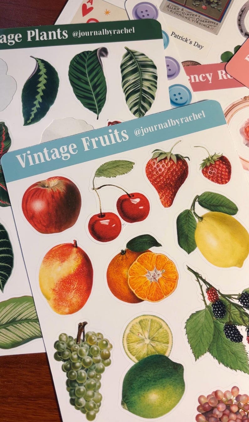 May include: A collection of stickers featuring vintage illustrations of fruits and plants. The fruit stickers include apples, cherries, strawberries, oranges, lemons, limes, grapes, and blackberries. The plant stickers include various leaves. The text "Vintage Fruits" and "age Plants" are visible.