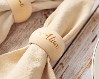 Servilleteros personalizados con nombre, anillos de madera para servilletas grabados a medida, decoración de mesa para bodas, despedidas de soltera, cenas y tarjetas de lugar.