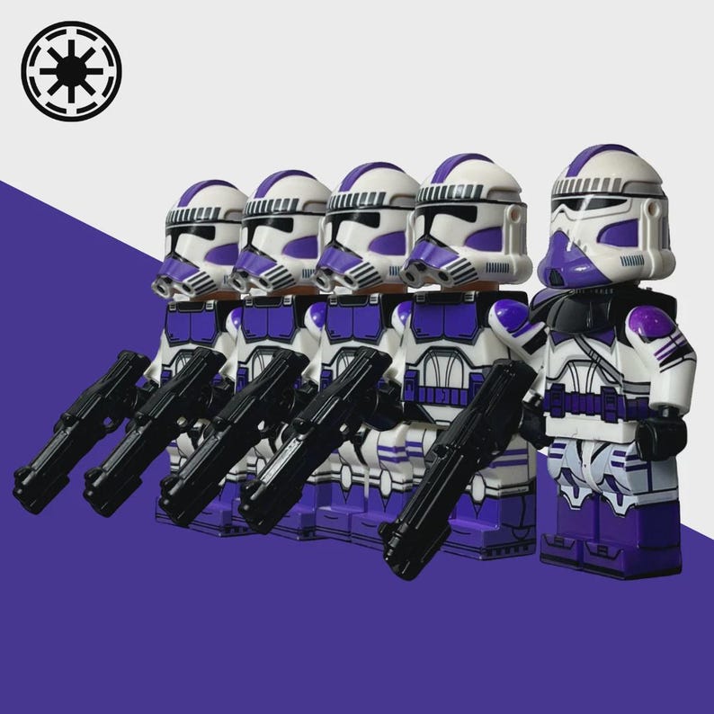 May include: A group of five toy figures, each with a white helmet and purple accents, holding black blasters. The figures are arranged in a row against a purple and white background. The figures are wearing white and purple armor.