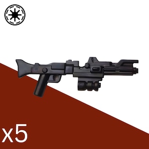 May include: A set of five black plastic toy blaster rifles, each featuring a stock, a grip, a trigger, and a barrel with an attached scope and under-barrel accessory. The Galactic Republic symbol is visible in the upper left corner.
