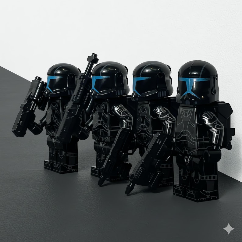 May include: Four black Lego figures in tactical gear, each holding a weapon. The figures have helmets with blue visors and detailed armor. The background is a simple black and white gradient.